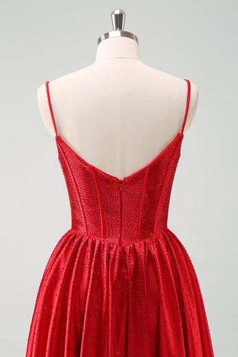 Red A-Line Spaghetti Straps Corset Pleated Graduation Dress