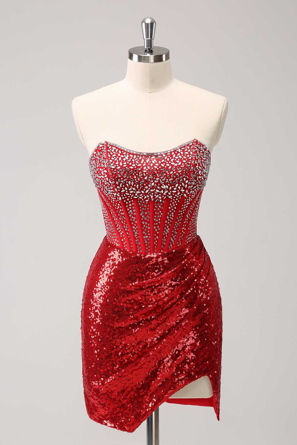 Sparkly Red Strapless Corset Sequined Beaded Tight Graduation Dress with Slit