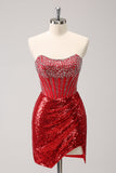 Sparkly Red Strapless Corset Sequined Beaded Tight Graduation Dress with Slit
