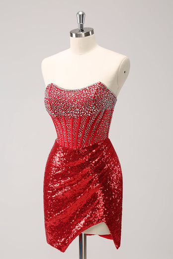 Sparkly Red Strapless Corset Sequined Beaded Tight Graduation Dress with Slit