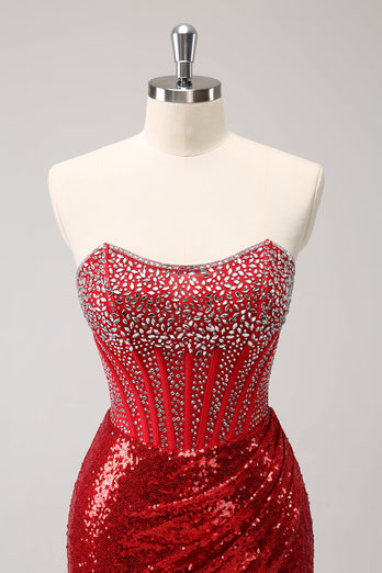 Sparkly Red Strapless Corset Sequined Beaded Tight Graduation Dress with Slit