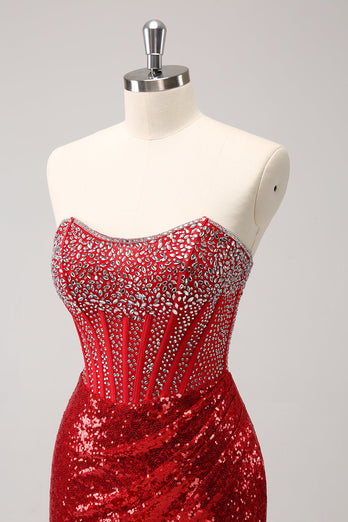 Sparkly Red Strapless Corset Sequined Beaded Tight Graduation Dress with Slit