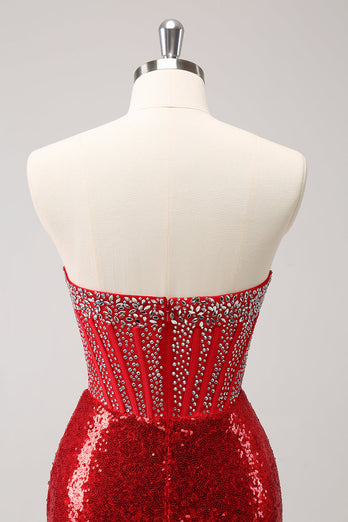 Sparkly Red Strapless Corset Sequined Beaded Tight Graduation Dress with Slit