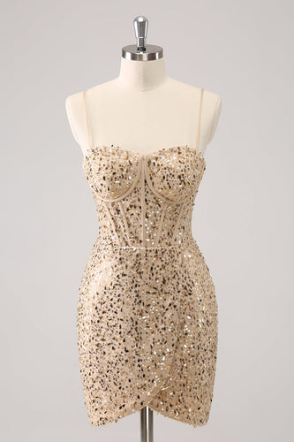 Sparkly Golden Spaghetti Straps Bodycon Graduation Dress with Sequins