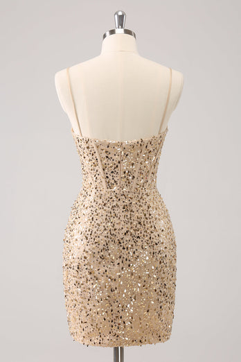 Sparkly Golden Spaghetti Straps Bodycon Graduation Dress with Sequins