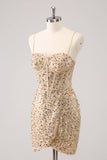 Sparkly Golden Spaghetti Straps Bodycon Graduation Dress with Sequins