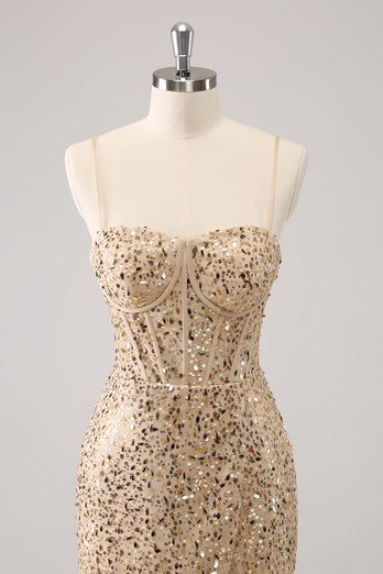 Sparkly Golden Spaghetti Straps Bodycon Graduation Dress with Sequins