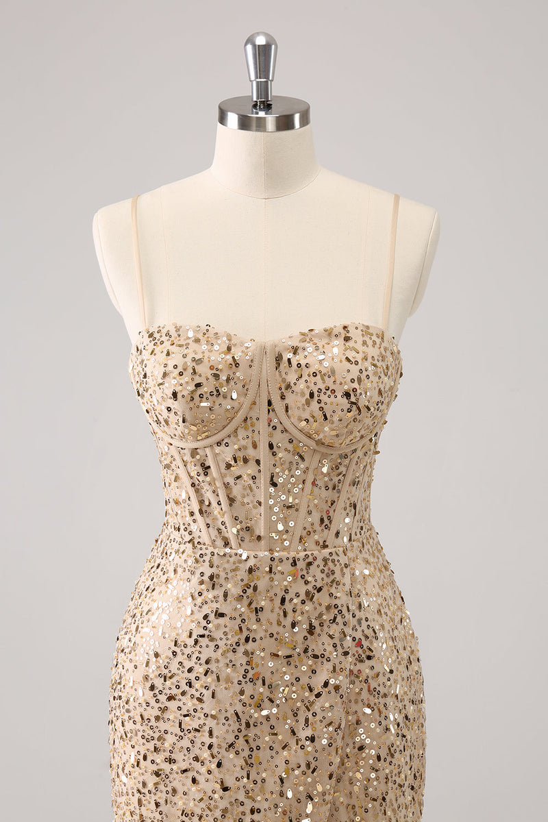 Load image into Gallery viewer, Sparkly Golden Spaghetti Straps Bodycon Graduation Dress with Sequins