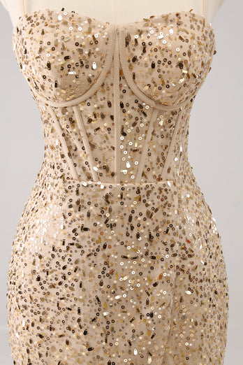 Sparkly Golden Spaghetti Straps Bodycon Graduation Dress with Sequins