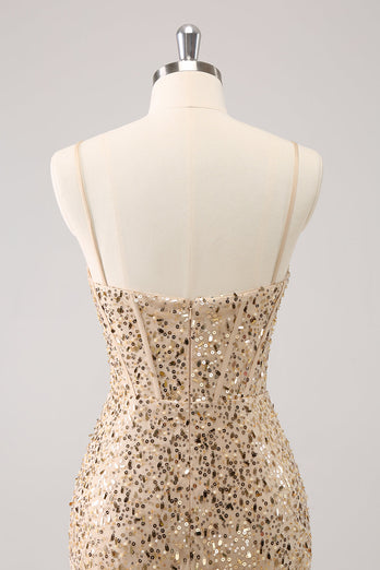 Sparkly Golden Spaghetti Straps Bodycon Graduation Dress with Sequins