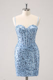 Sparkly Blue Tight Spaghetti Straps Corset Short Graduation Dress with Sequins