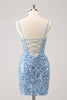 Load image into Gallery viewer, Sparkly Blue Tight Spaghetti Straps Corset Short Graduation Dress with Sequins