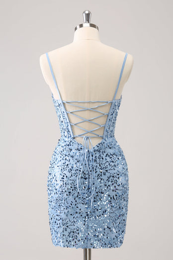 Sparkly Blue Tight Spaghetti Straps Corset Short Graduation Dress with Sequins