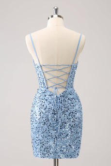 Sparkly Blue Tight Sequins Spaghetti Straps Graduation Dress