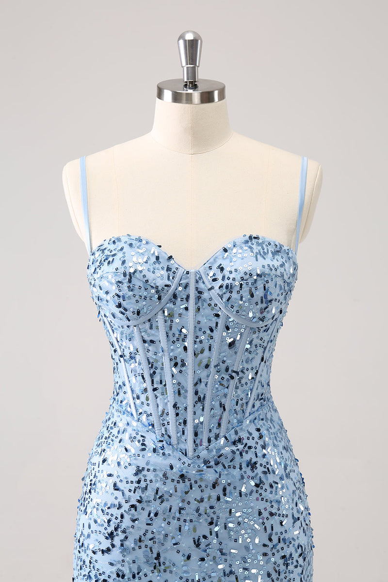 Load image into Gallery viewer, Sparkly Blue Tight Sequins Spaghetti Straps Graduation Dress