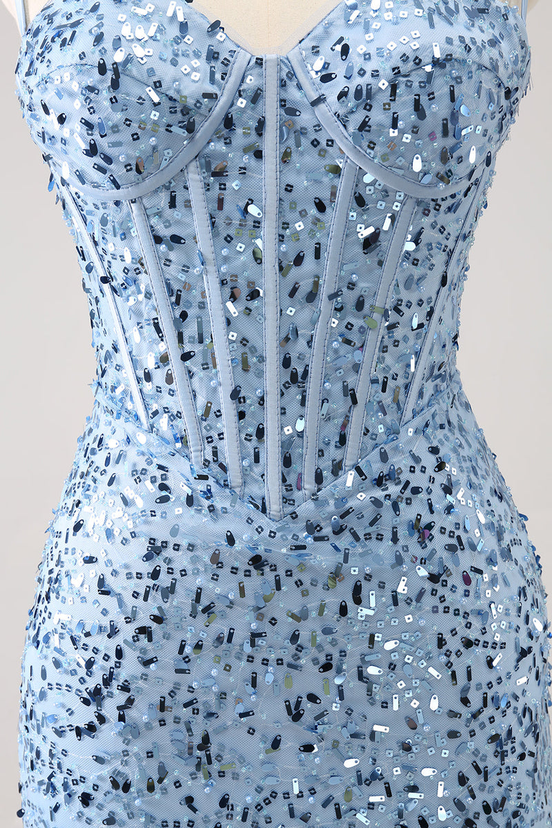 Load image into Gallery viewer, Sparkly Blue Tight Sequins Spaghetti Straps Graduation Dress