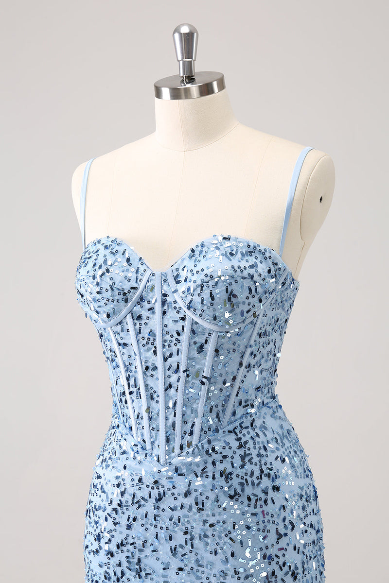 Load image into Gallery viewer, Sparkly Blue Tight Sequins Spaghetti Straps Graduation Dress