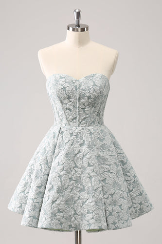 Grey Green A-Line Strapless Floral Short Graduation Dress