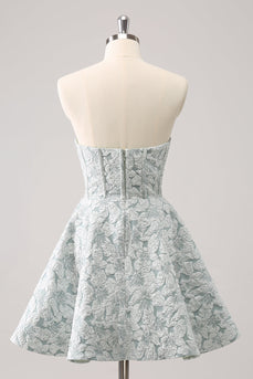 Grey Green A-Line Strapless Floral Short Graduation Dress