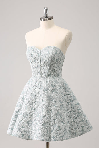 Grey Green A-Line Strapless Floral Short Graduation Dress