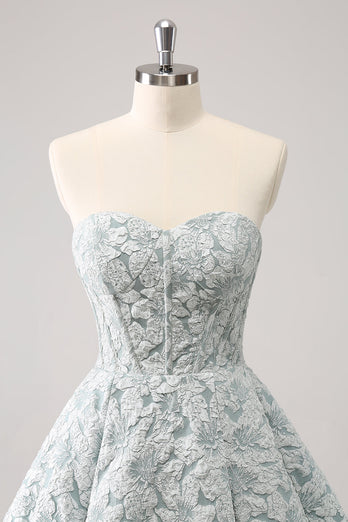 Grey Green A-Line Strapless Floral Short Graduation Dress