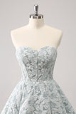 Grey Green A-Line Strapless Floral Short Graduation Dress