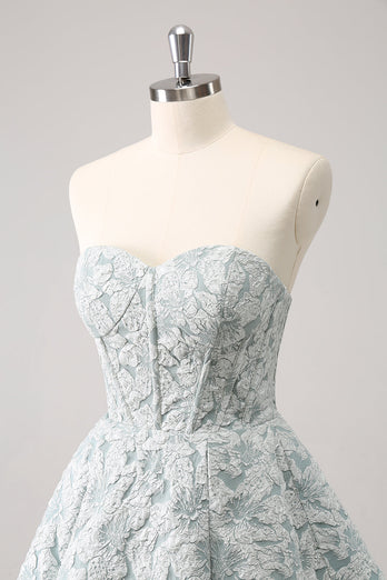 Grey Green A-Line Strapless Floral Short Graduation Dress