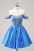 Load image into Gallery viewer, Sparkly Blue A Line Off the Shoulder Satin Ruffle Graduation Dress with Beading