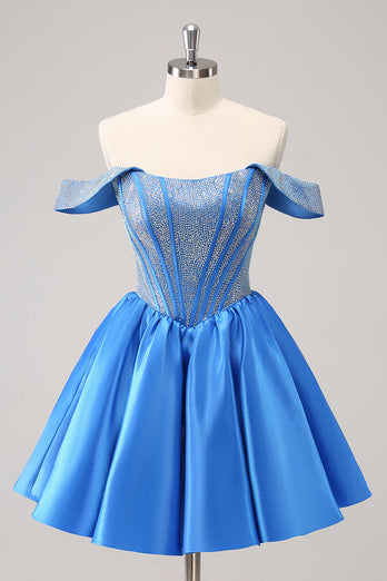 Sparkly Blue A Line Off the Shoulder Satin Ruffle Graduation Dress with Beading