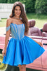 Load image into Gallery viewer, Sparkly Blue A Line Off the Shoulder Satin Ruffle Graduation Dress with Beading