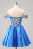 Load image into Gallery viewer, Sparkly Blue A-Line Off the Shoulder Beaded Satin Graduation Dress