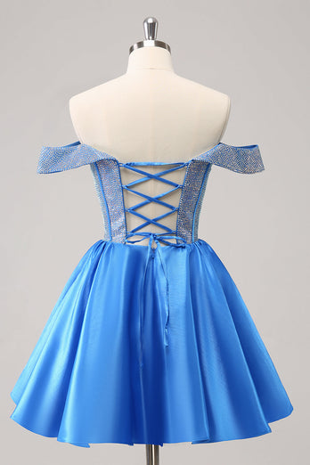 Sparkly Blue A Line Off the Shoulder Satin Ruffle Graduation Dress with Beading