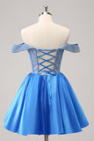Sparkly Blue A Line Off the Shoulder Satin Ruffle Graduation Dress with Beading