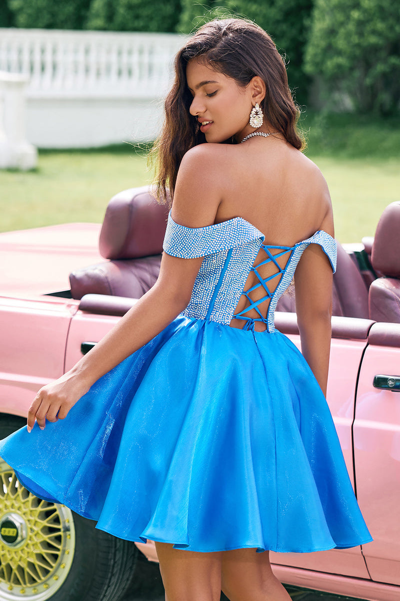 Load image into Gallery viewer, Sparkly Blue A Line Off the Shoulder Satin Ruffle Graduation Dress with Beading