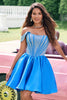 Load image into Gallery viewer, Sparkly Blue A-Line Off the Shoulder Beaded Satin Graduation Dress