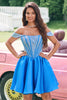 Load image into Gallery viewer, Sparkly Blue A Line Off the Shoulder Satin Ruffle Graduation Dress with Beading