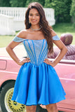 Sparkly Blue A Line Off the Shoulder Satin Ruffle Graduation Dress with Beading