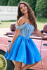 Load image into Gallery viewer, Sparkly Blue A Line Off the Shoulder Satin Ruffle Graduation Dress with Beading