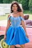 Load image into Gallery viewer, Sparkly Blue A Line Off the Shoulder Satin Ruffle Graduation Dress with Beading