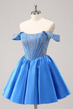 Sparkly Blue A-Line Off the Shoulder Beaded Satin Graduation Dress