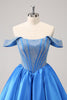 Load image into Gallery viewer, Sparkly Blue A-Line Off the Shoulder Beaded Satin Graduation Dress