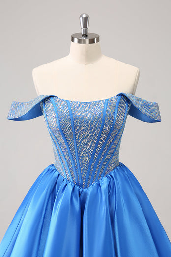 Sparkly Blue A-Line Off the Shoulder Beaded Satin Graduation Dress