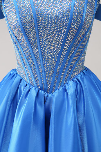 Sparkly Blue A-Line Off the Shoulder Beaded Satin Graduation Dress