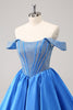 Load image into Gallery viewer, Sparkly Blue A-Line Off the Shoulder Beaded Satin Graduation Dress