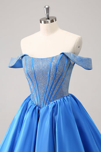 Sparkly Blue A-Line Off the Shoulder Beaded Satin Graduation Dress