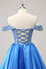 Load image into Gallery viewer, Sparkly Blue A-Line Off the Shoulder Beaded Satin Graduation Dress