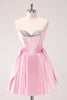 Load image into Gallery viewer, Pink A Line Strapless Corset Beaded Graduation Dress with Bows