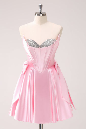 Pink A Line Strapless Corset Beaded Graduation Dress with Bows