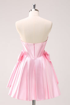 Pink A Line Strapless Corset Beaded Graduation Dress with Bows