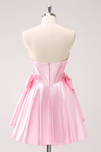 Pink A Line Strapless Corset Beaded Graduation Dress with Bows